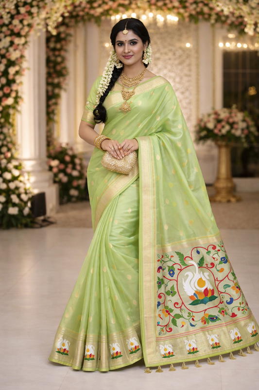 Pastel Pista Green Organza Silk Saree