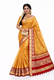 Royal Mustard Gold Soft Silk Saree with Contrast Red Zari Border
