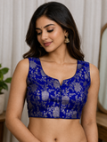 Royal Blue Banarasi Readymade Blouse (32–42 Size Extendable) with Attached Sleeves