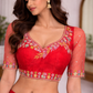 Coral Red Organza Bridal Readymade Blouse with Pastel Floral Embroidery Sleeves