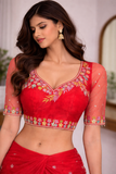 Coral Red Organza Bridal Readymade Blouse with Pastel Floral Embroidery Sleeves