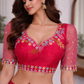 Hot Pink Organza Bridal Readymade Blouse with Pastel Floral Embroidery Sleeves