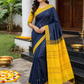 Navy Blue & Mustard Yellow Banana Silk Saree with Thread Butta and Stripes