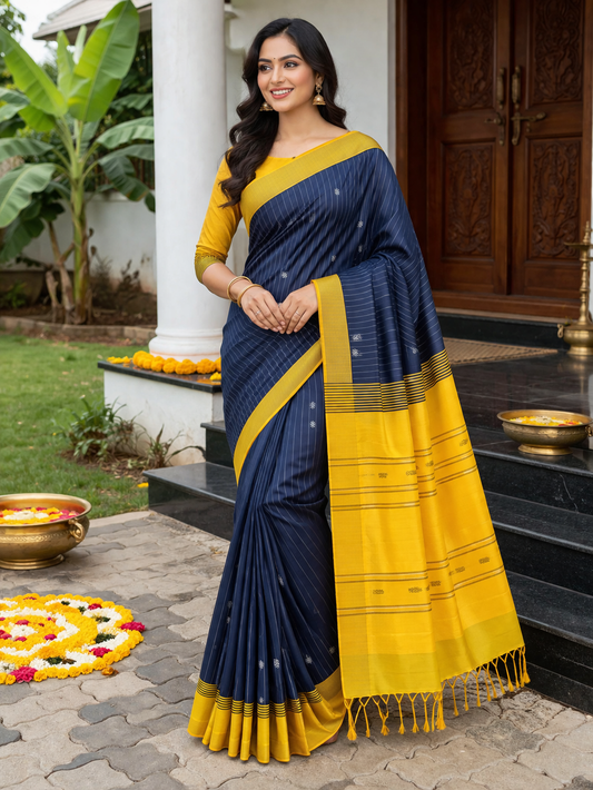 Navy Blue & Mustard Yellow Banana Silk Saree with Thread Butta and Stripes