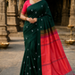 Bottle Green & Coral Pink Banana Silk Saree with Thread Butta