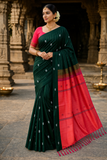 Bottle Green & Coral Pink Banana Silk Saree with Thread Butta