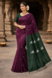 Wine Purple & Bottle Green Banana Silk Saree with White Thread Butta