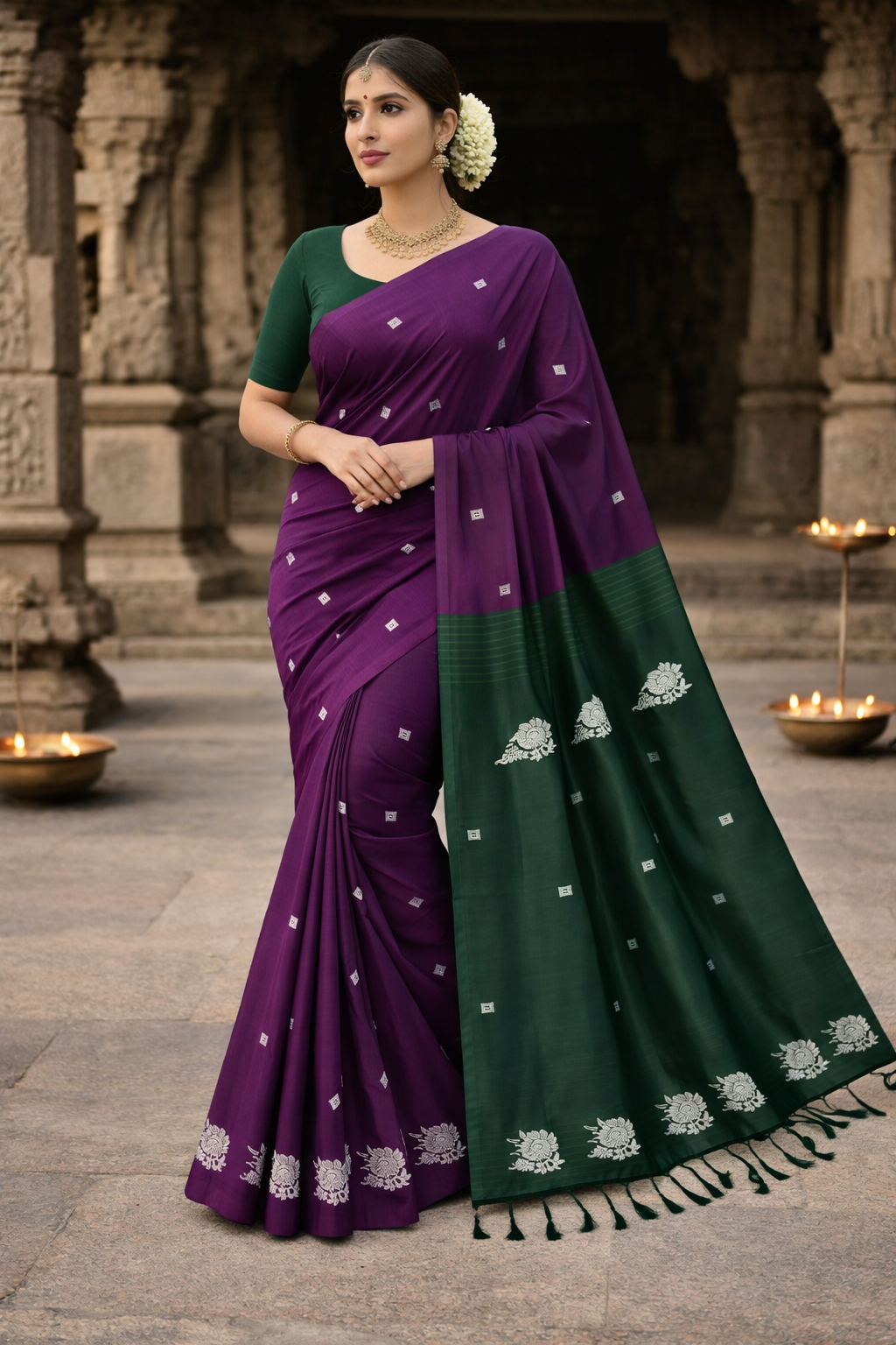 Purple & Bottle Green Banana Silk Saree with White Floral Thread Butta