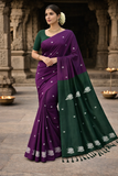 Purple & Bottle Green Banana Silk Saree with White Floral Thread Butta
