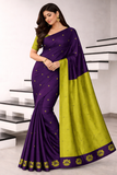 Royal Purple & Parrot Green Banana Silk Saree with Thread Buttas