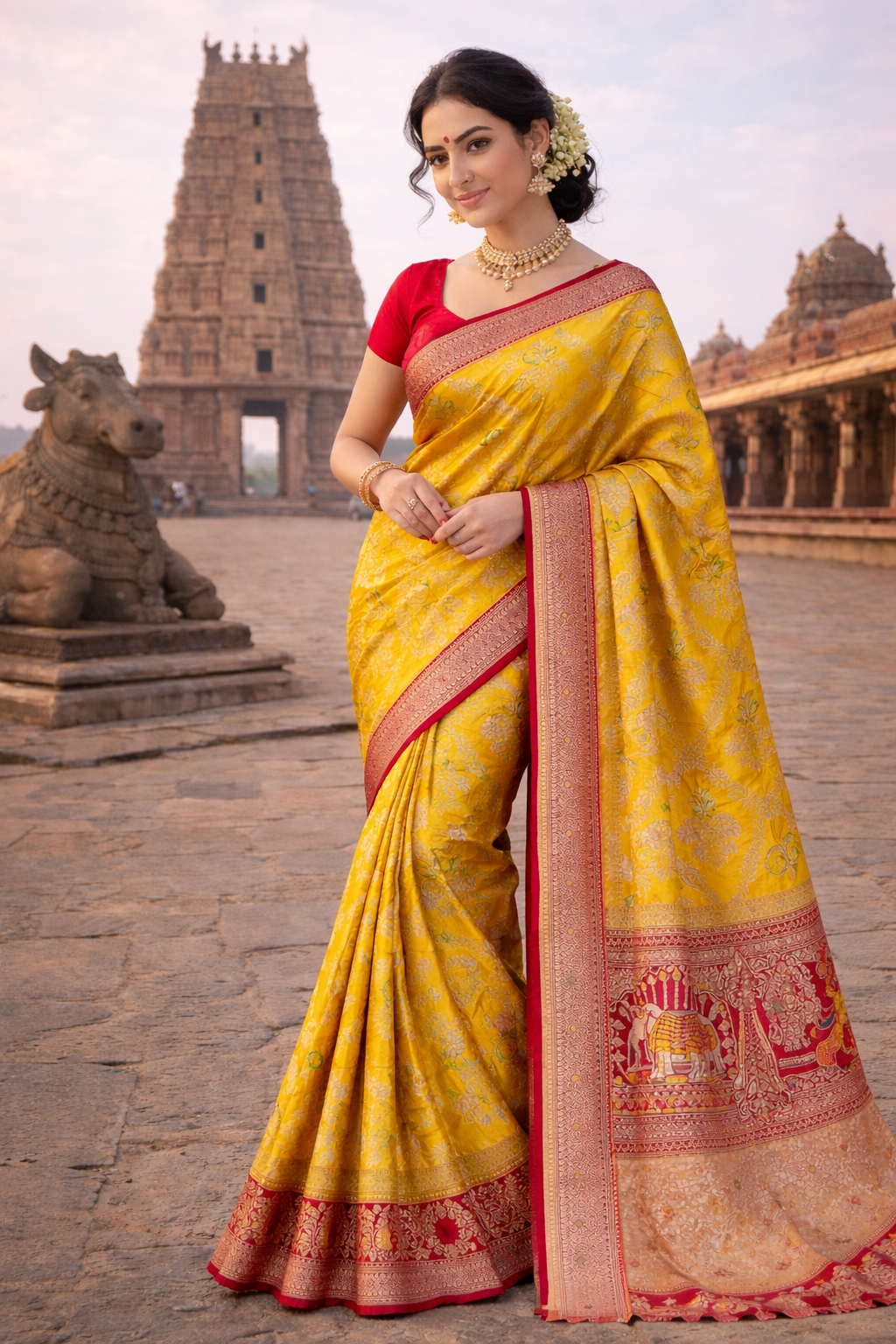 Bridal Yellow Banarasi Silk Saree with Rich Zari Elephant & Peacock Border