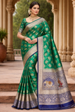 Bridal Emerald Green Banarasi Silk Saree with Royal Blue Silver Zari Border