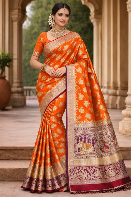 Bridal Orange Banarasi Silk Saree with Wine Zari Peacock & Elephant Border