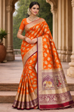 Bridal Orange Banarasi Silk Saree with Wine Zari Peacock & Elephant Border