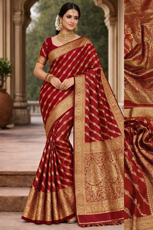 Bridal Red Banarasi Mashru Silk Saree with Elegant Gold Zari Floral Weaving