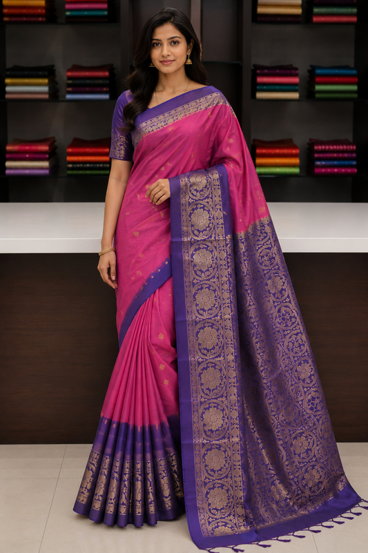 Rani Pink & Royal Purple Pure Soft Silk Handloom Saree with Rich Zari Floral Border