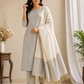 Elegant Pearl Grey & Ivory Cotton Silk 3PC Salwar Suit Dress Material with Woven Buttas