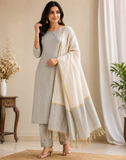 Elegant Pearl Grey & Ivory Cotton Silk 3PC Salwar Suit Dress Material with Woven Buttas