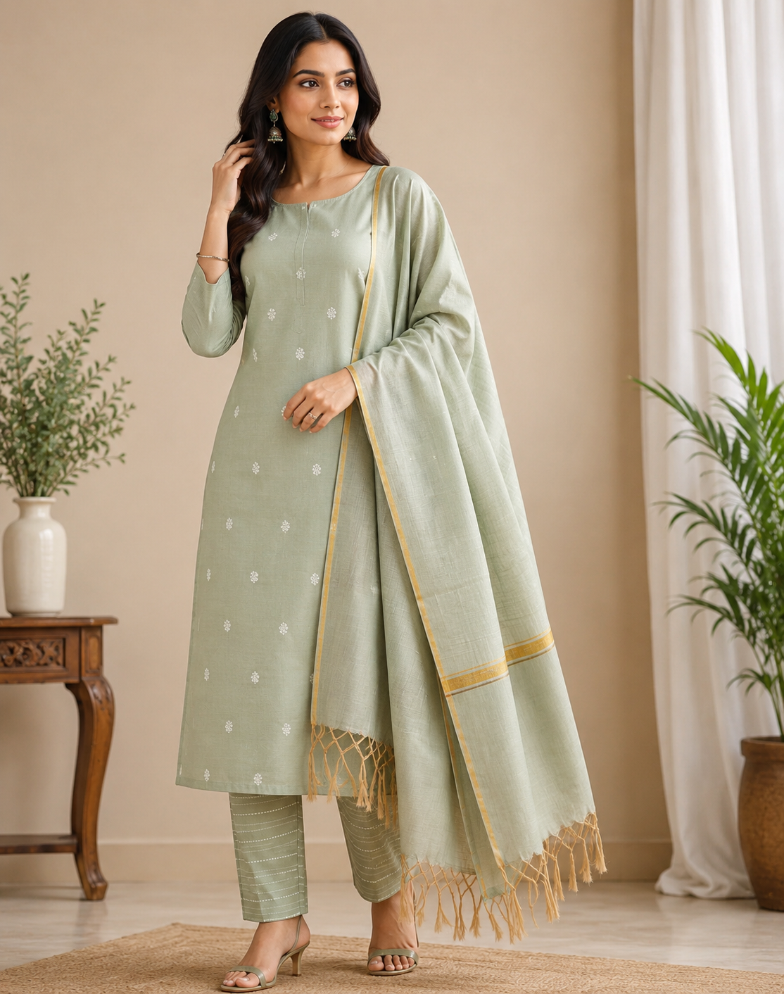 Elegant Sage Green Cotton Silk 3PC Salwar Suit Dress Material with Woven Dupatta