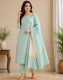 Elegant Mint Green Cotton Silk 3PC Salwar Suit Dress Material with Zari Border Dupatta