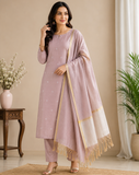 Elegant Blush Pink Cotton Silk 3PC Salwar Suit Dress Material with Gold Zari Dupatta