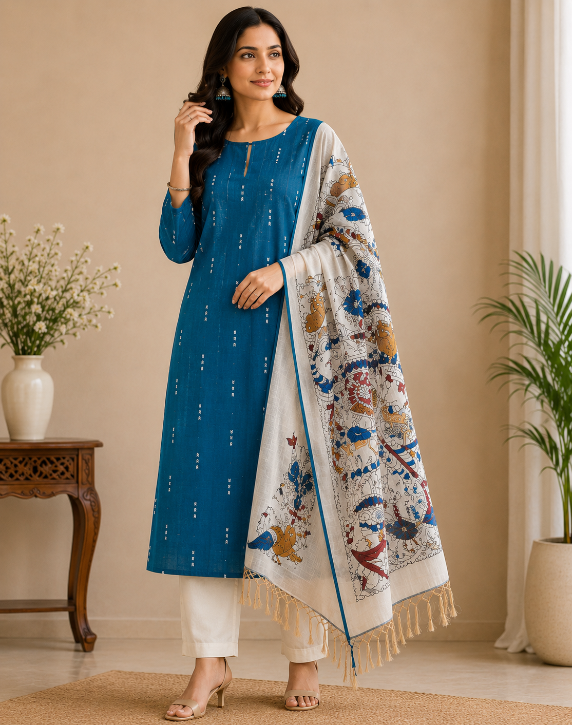 Royal Peacock Blue Cotton Silk Salwar Suit with Kalamkari Dupatta – 3PC Dress Material