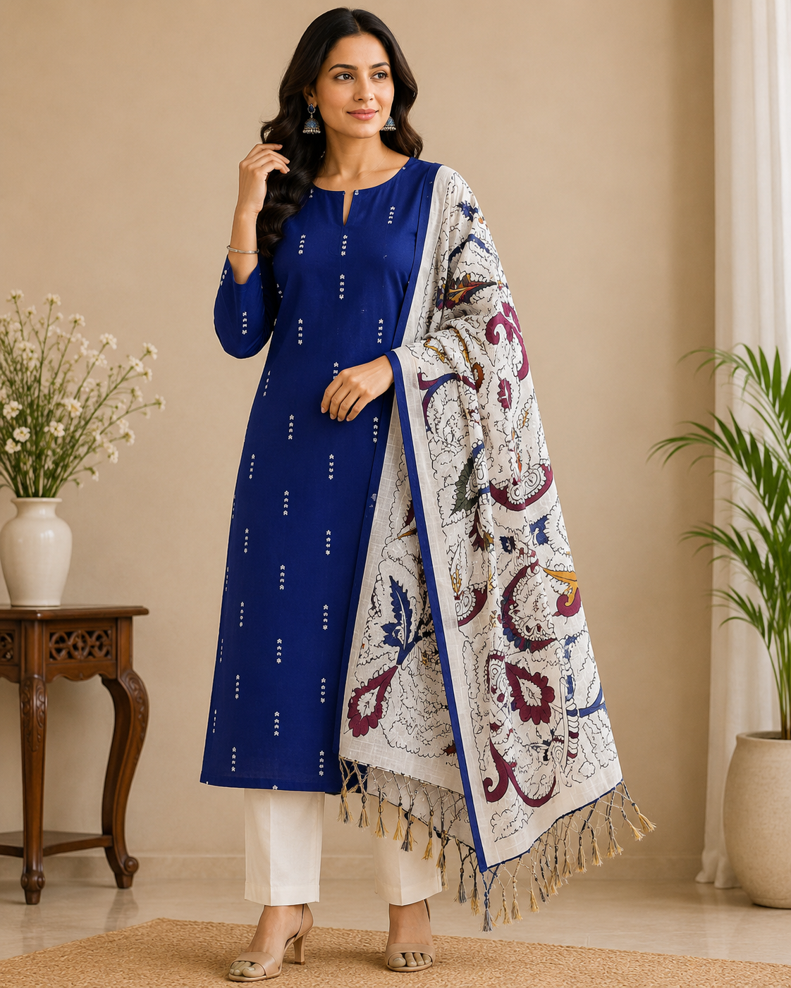 Classic Royal Blue Cotton Silk Salwar Suit with Kalamkari Dupatta – 3PC Dress Material