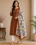 Elegant Rust Brown Cotton Silk Salwar Suit with Kalamkari Dupatta – 3PC Dress Material