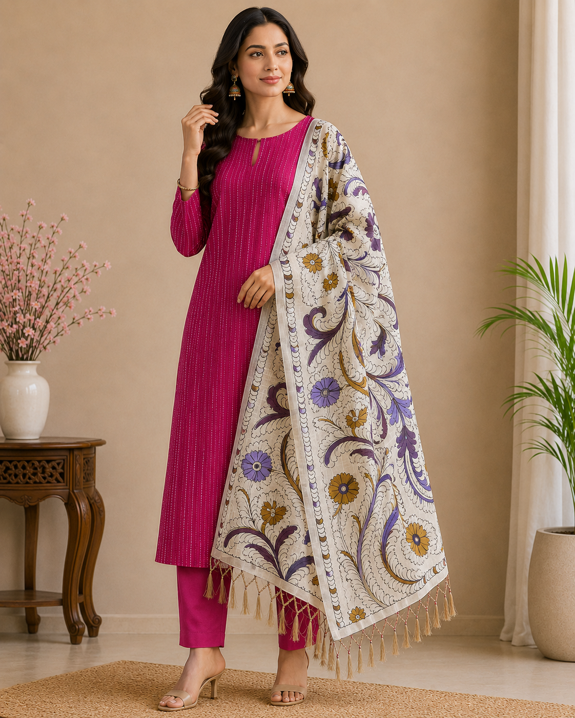 Vibrant Rani Pink Cotton Silk Salwar Suit with Kalamkari Dupatta – 3PC Dress Material