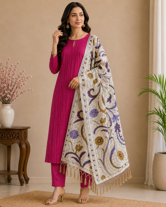 Vibrant Rani Pink Cotton Silk Salwar Suit with Kalamkari Dupatta – 3PC Dress Material