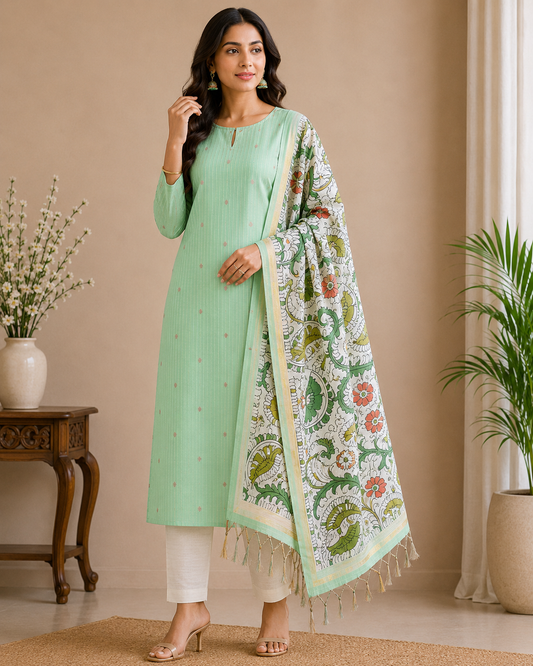 Refreshing Mint Green Cotton Silk Salwar Suit with Kalamkari Dupatta – 3PC Dress Material