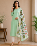 Refreshing Mint Green Cotton Silk Salwar Suit with Kalamkari Dupatta – 3PC Dress Material