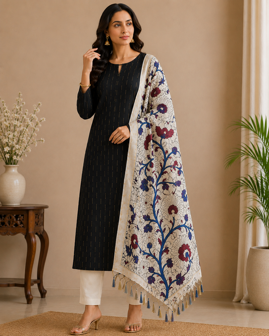 Elegant Black Cotton Silk Salwar Suit with Kalamkari Dupatta – 3PC Dress Material