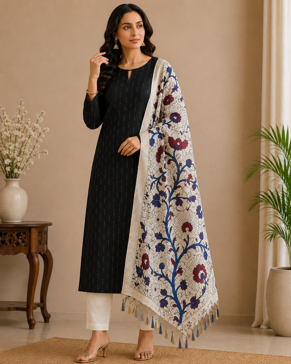 Elegant Black Cotton Silk Salwar Suit with Kalamkari Dupatta – 3PC Dress Material
