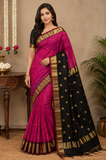 Rani Pink & Black Maheshwari Cotton Silk Saree with Golden Zari Border