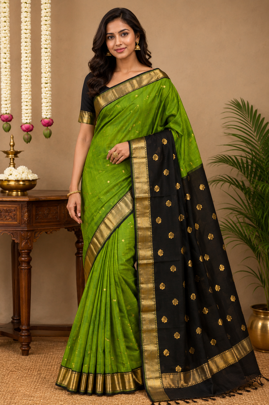 Parrot Green & Black Maheshwari Cotton Silk Saree with Golden Zari Border