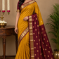Mustard Yellow & Maroon Maheshwari Cotton Silk Saree with Golden Zari Border