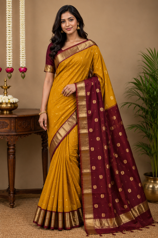 Mustard Yellow & Maroon Maheshwari Cotton Silk Saree with Golden Zari Border