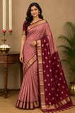 Dusty Rose & Maroon Maheshwari Cotton Silk Saree with Golden Zari Border