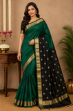 Bottle Green & Black Maheshwari Cotton Silk Saree with Golden Zari Border