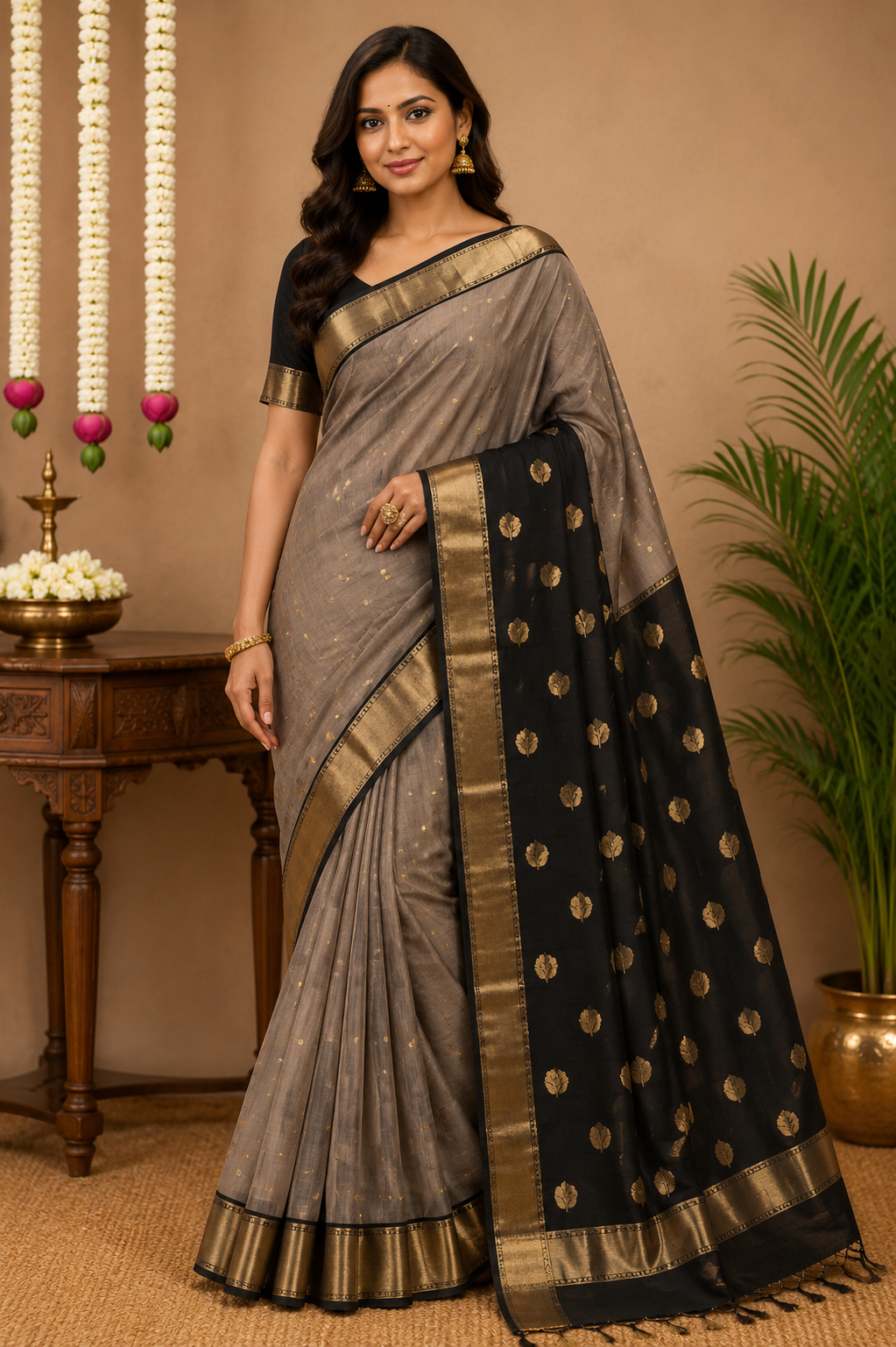 Ash Brown & Black Maheshwari Cotton Silk Saree with Golden Zari Border