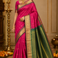 Rani Pink & Emerald Green Pure Kanjivaram Handloom Silk Saree with Temple Border