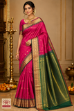 Rani Pink & Emerald Green Pure Kanjivaram Handloom Silk Saree with Temple Border