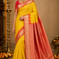 Sunshine Yellow & Coral Red Pure Kanjivaram Handloom Silk Saree with Temple Border
