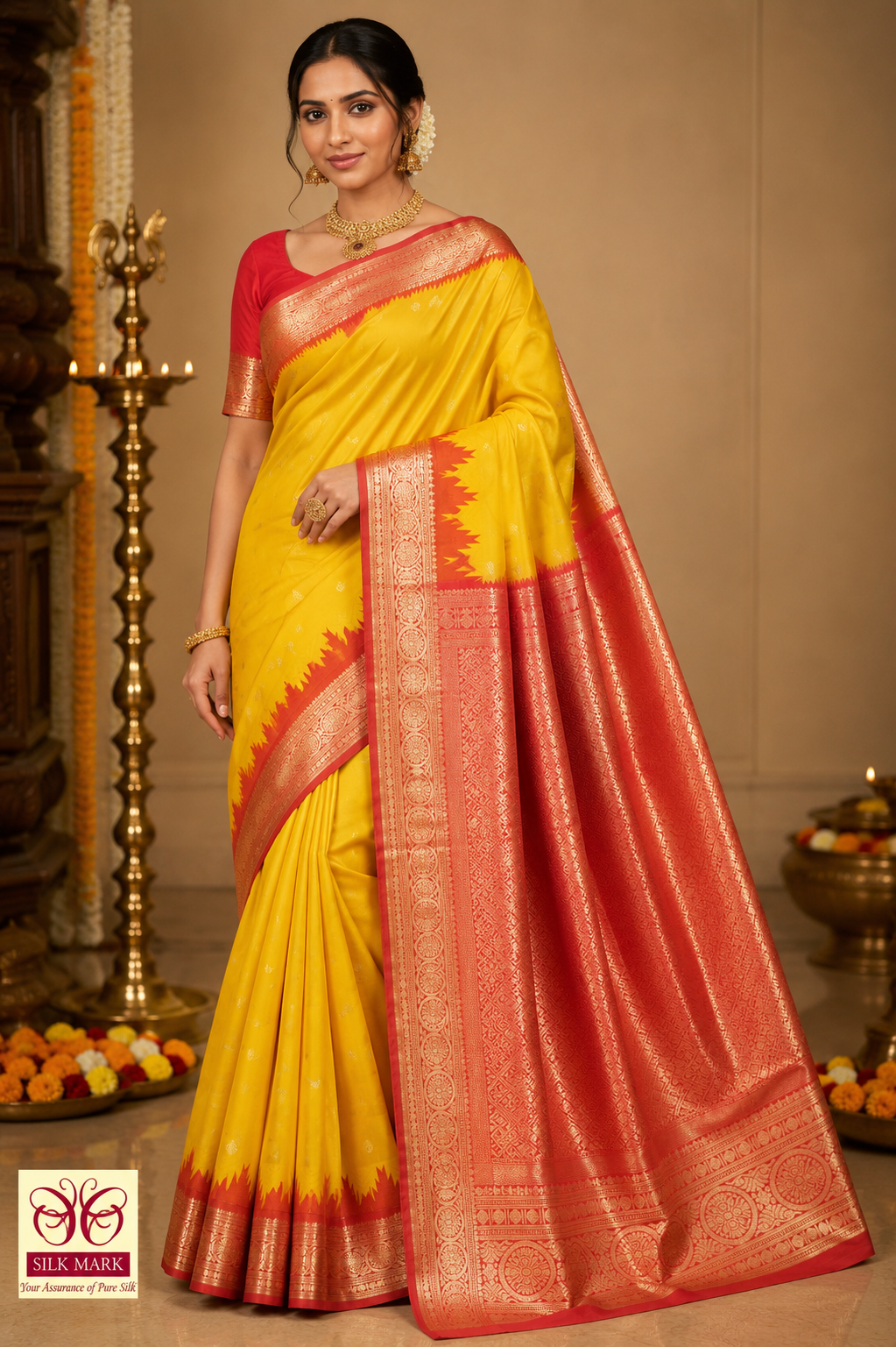 Sunshine Yellow & Coral Red Pure Kanjivaram Handloom Silk Saree with Temple Border