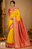 Sunshine Yellow & Coral Red Pure Kanjivaram Handloom Silk Saree with Temple Border
