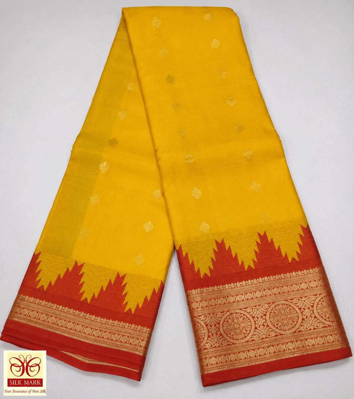 Sunshine Yellow & Coral Red Pure Kanjivaram Handloom Silk Saree with Temple Border
