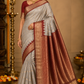 Silver Grey & Brownish Red Pure Kanjivaram Handloom Silk Saree with Temple Border