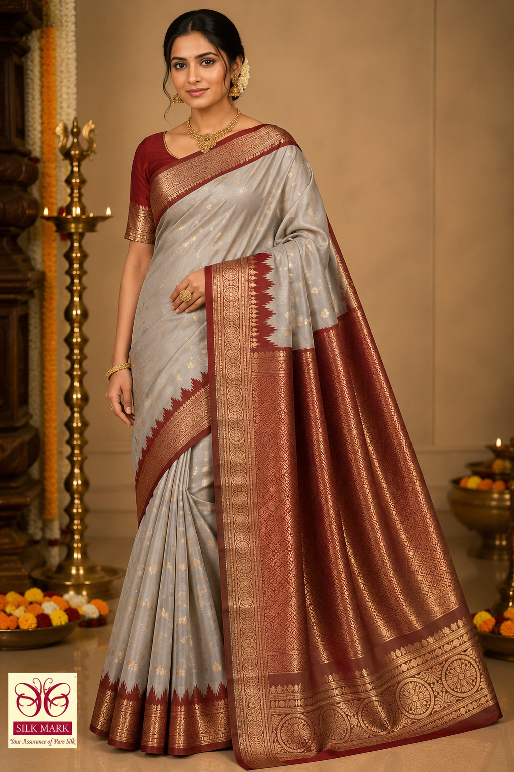 Silver Grey & Brownish Red Pure Kanjivaram Handloom Silk Saree with Temple Border