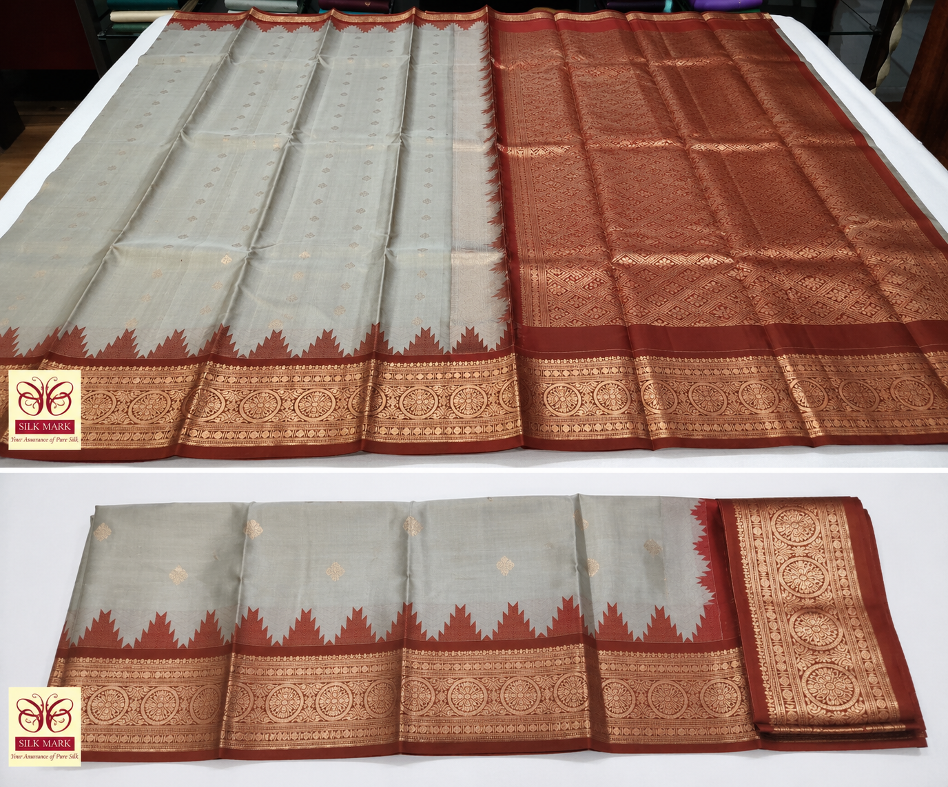 Silver Grey & Brownish Red Pure Kanjivaram Handloom Silk Saree with Temple Border